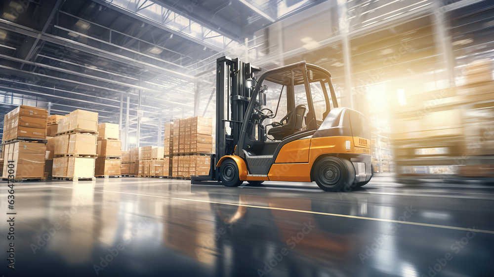 Forklifts in motion, moving and transferring goods within the warehouse - obrazy, fototapety, plakaty 