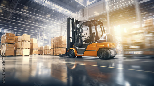 Forklifts in motion, moving and transferring goods within the warehouse
