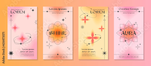 Vector insta story gradient templates with linear shapes,blurred sparkles,copy space for text in 90s style.Smm banners in y2k aesthetic.Trendy designs for social media marketing,branding,packaging