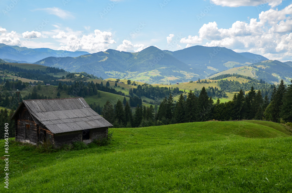 Green meadow with wooden shepherd house and mountain range on background. Carpathian Mountains, Ukraine