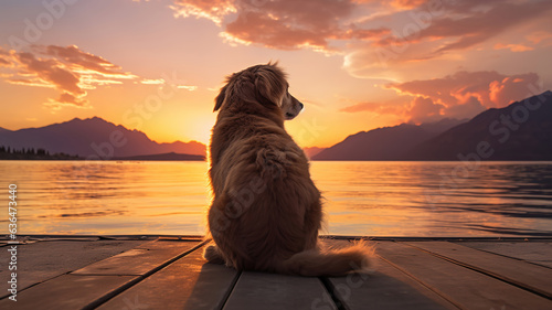 dog takes a seat on the pier as the sun sets