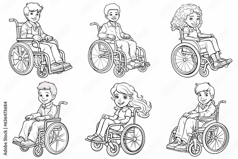 Children in wheelchairs character set. Drawings to color. Perfect for children's coloring books. Artwork can be transformed into vector illustrations. Generative AI