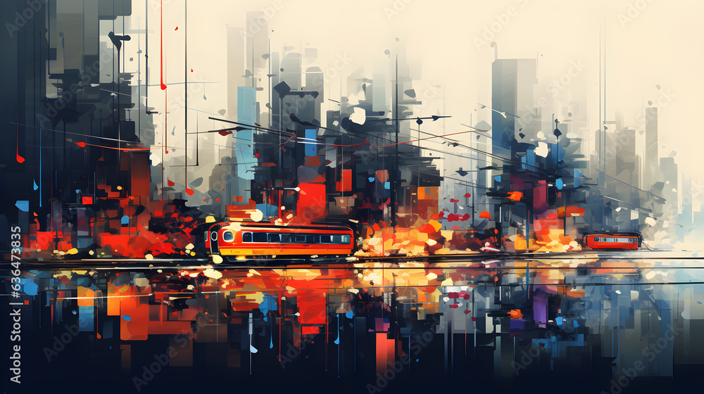abstract painting of a city with skyscrapers and a tram - generative AI abstract painting of a city with skyscrapers and a tram - generative AI