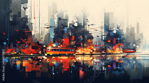 abstract painting of a city with skyscrapers and a tram - generative AI