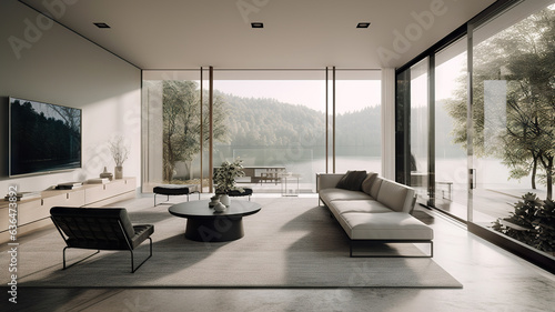 Modern design living room interior photo rendering with large windows and lake view - generative AI