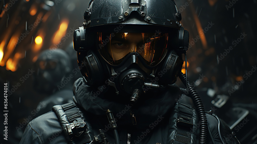 Fototapeta premium combat aircraft pilot with a helmet and goggles is executing maneuvers in the sky