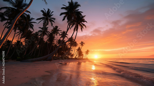 Coconut trees gently swaying with the white sandy beach as their backdrop