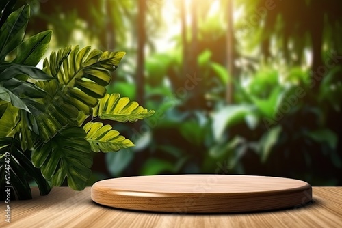 Background with a realistic appearance for product overlays. A round oak wood table in the sunlight with tropical plants and foliage is seen up close. Natural beauty is an organic idea. UVA and UVB