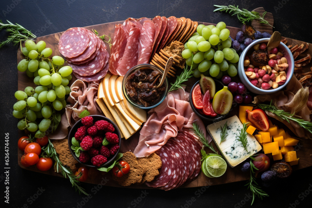 Food on the table Flat lay of charcuterie board with po, Generative Ai