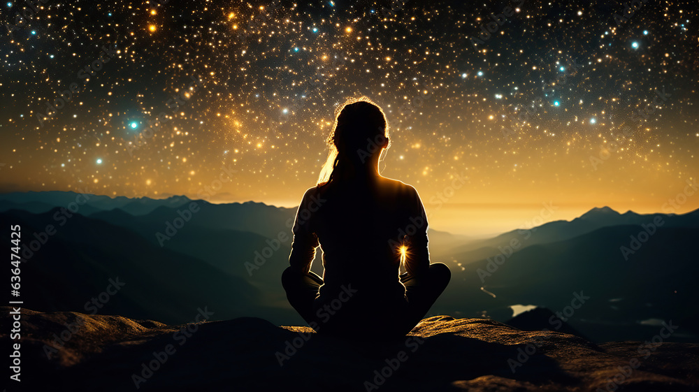 woman silhouette meditating atop a mountain beneath the night stars