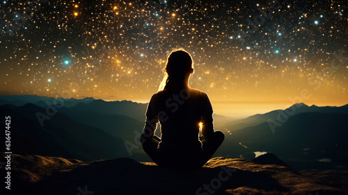 woman silhouette meditating atop a mountain beneath the night stars