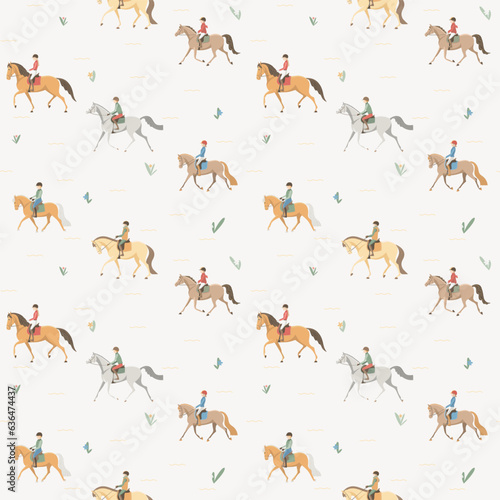 Young riders trotting, seamless vector pattern