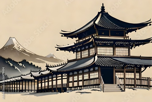 Japanese Semi-e Style Temple Scroll Art