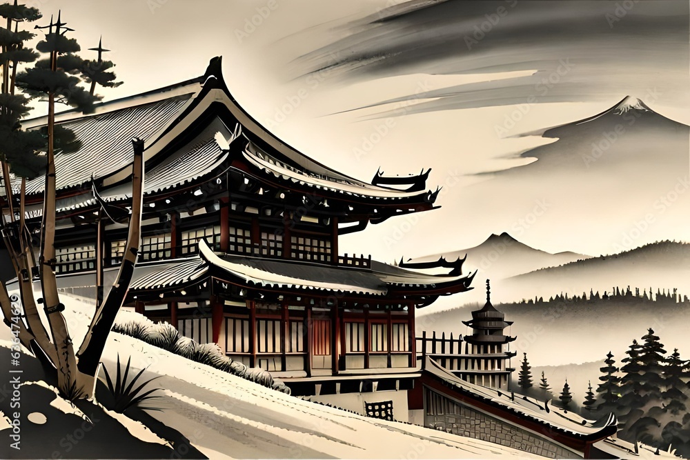 Japanese Semi-e Style Temple Scroll Art Japanese Semi-e Style Temple Scroll Art