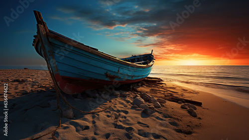 boat parked on the beach near the sunset