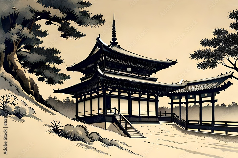 Japanese Semi-e Style Temple Scroll Art Japanese Semi-e Style Temple Scroll Art