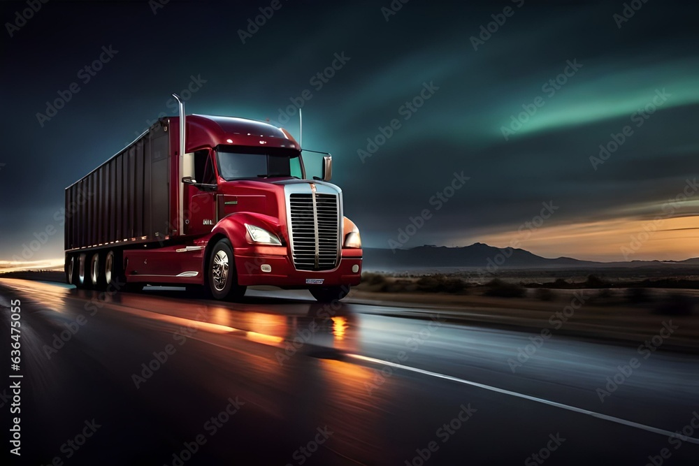 Semi Truck On Lonely Highway Beautiful Scenery Semi Truck On Lonely Highway Beautiful Scenery
