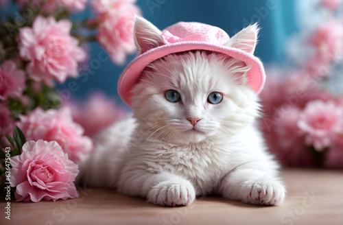 Fototapeta Naklejka Na Ścianę i Meble -  Adorable little white fluffy cat with pink hat wallpaper, cute animal background, banner with copy space text 