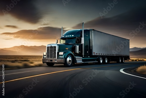 Semi Truck On Lonely Highway Beautiful Scenery  photo