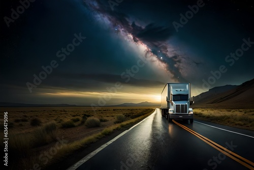 Semi Truck On Lonely Highway Beautiful Scenery  © Suite Green Media