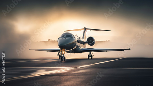 private jet sits on the runway with a misty scene in the background
