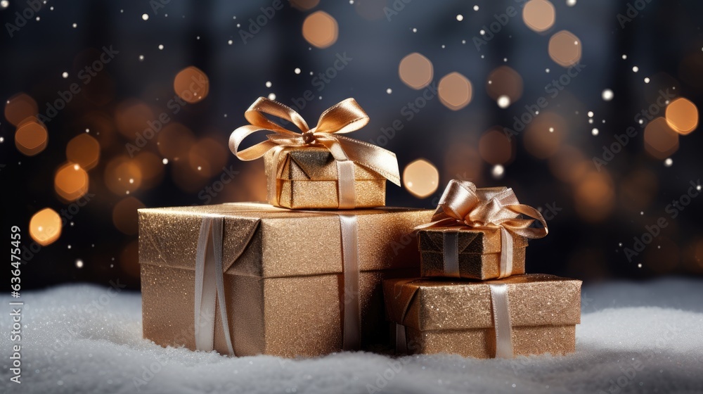 luxurious christmas gift stack set against a background of snowflakes and twinkling lights, capturing the magic of the holiday season luxurious christmas gift stack set against a background of snowflakes and twinkling lights, capturing the magic of the holiday season