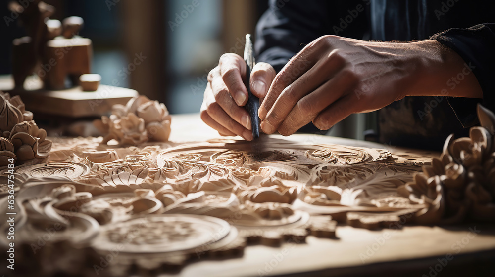 Obraz premium Creating a wooden table adorned with intricate carvings