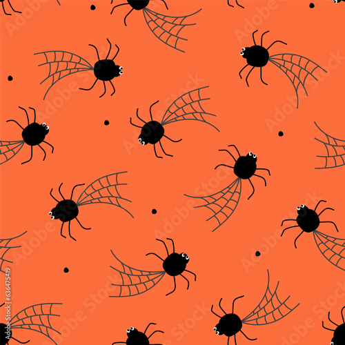 Seamless pattern with spiders weaving a web. Halloween print with scary insects. Vector graphics. © Ирина Горбунова