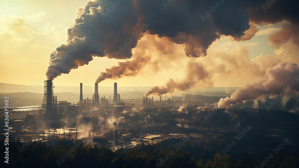 Fototapeta premium Pollutants are being released into the air from industrial chimneys