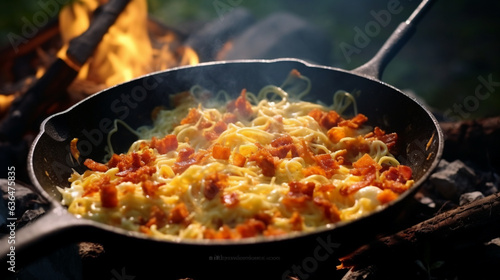 noddles with bacon in a pan in the forest. Food, Generative Ai