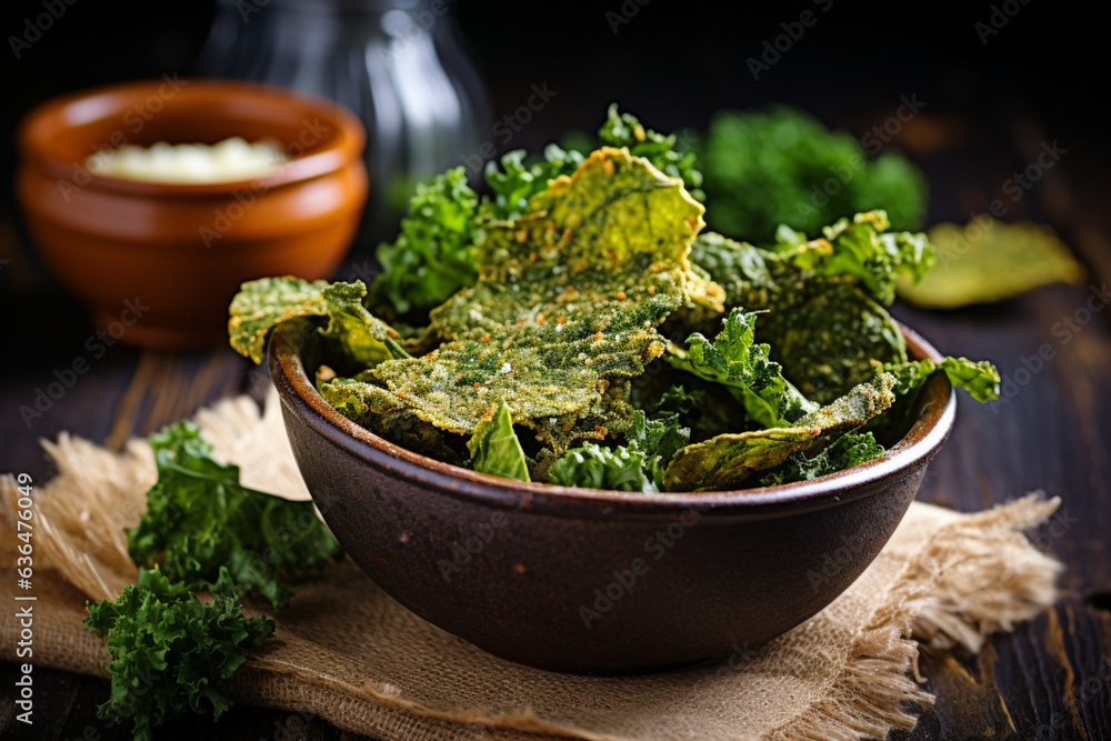 Kale Chip. Homemade Green Kale Chips vegan green snac, Generative Ai