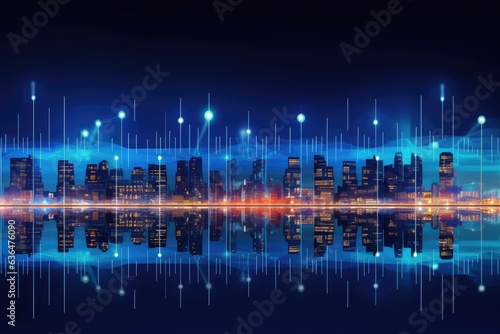 A smart city with a cityscape and a wireless network connection. Technology for massive data connections. A nighttime city serves as the setting for a wireless network and communication technology