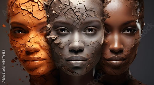 Three faces from the camera view of women with brown skin, eroded surfaces,  dark white and orange, luminous shadowing, deconstructive