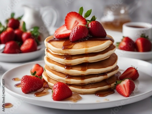 Stack of pancakes with fresh strawberries and maple syrup on a white plate
