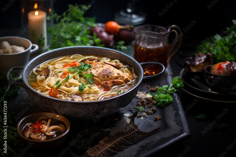 winter comfort food with chicken noodles, Generative Ai