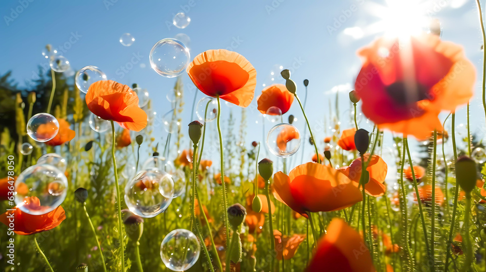 Obraz premium Flowering red poppies with green buds, capsules, and soap bubbles, against the blue sky. Generative AI technology.