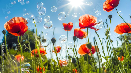 Flowering red poppies with green buds, capsules, and soap bubbles, against the blue sky. Generative AI technology.