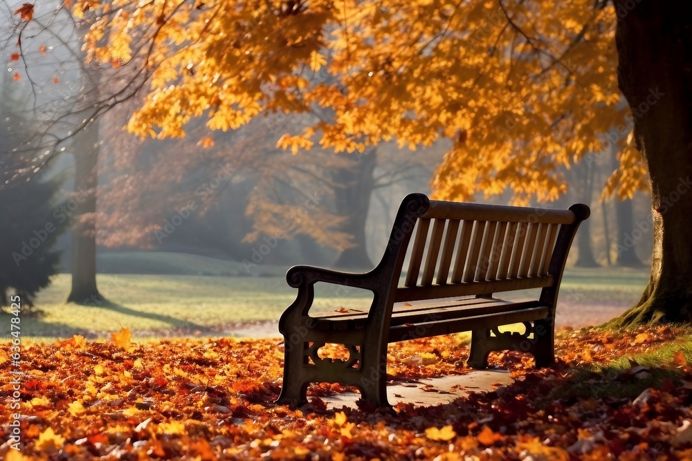 Bench in autumn park. Autumn landscape. generative ai.