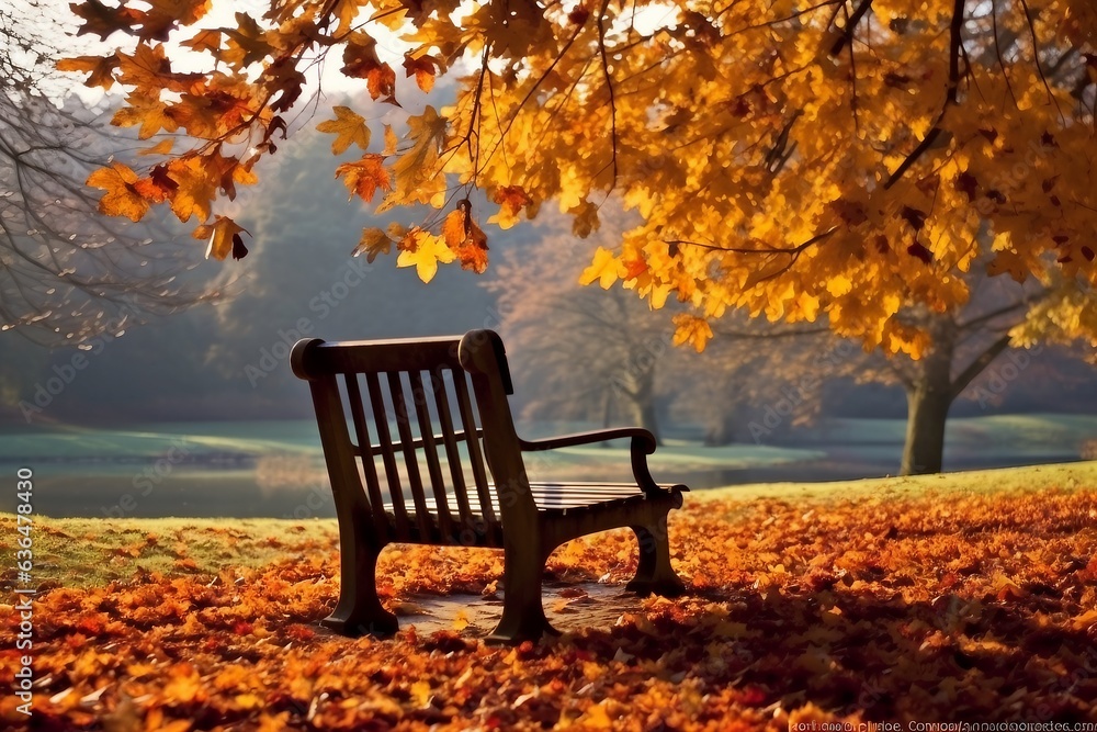 Bench in autumn park. Autumn landscape. generative ai.