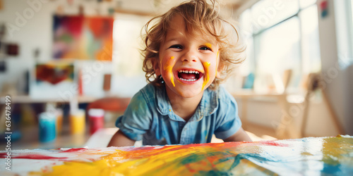 Happy European kid having fun playing with water color at home. Creative wallpaper, activity for children, happy emotion.