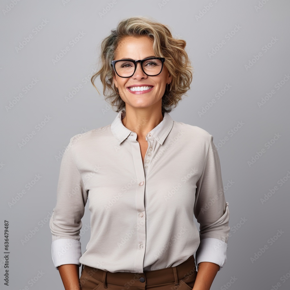 portrait of a senior woman with glasses on grey background