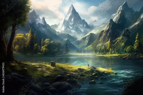 A lake in a forest and amazing towering rocky mountains make up this stunning image.