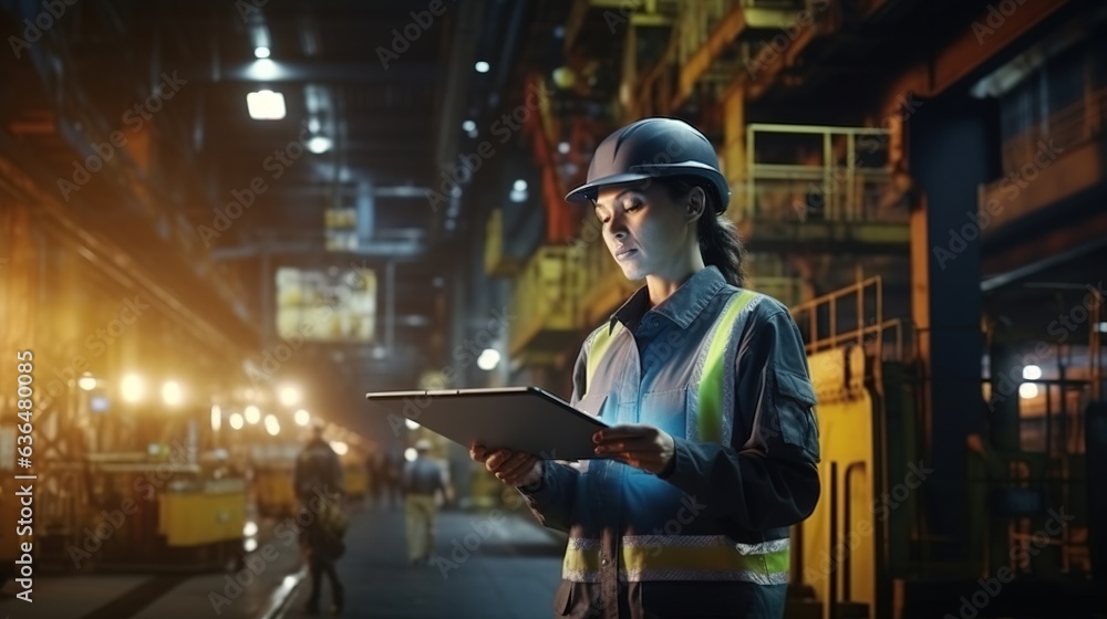engineer works on a tablet in a factory. engineer works on a tablet in a factory.