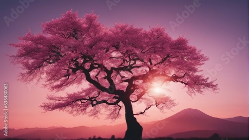 Silhouette of sakura tree at sunset with pink sky, Japan