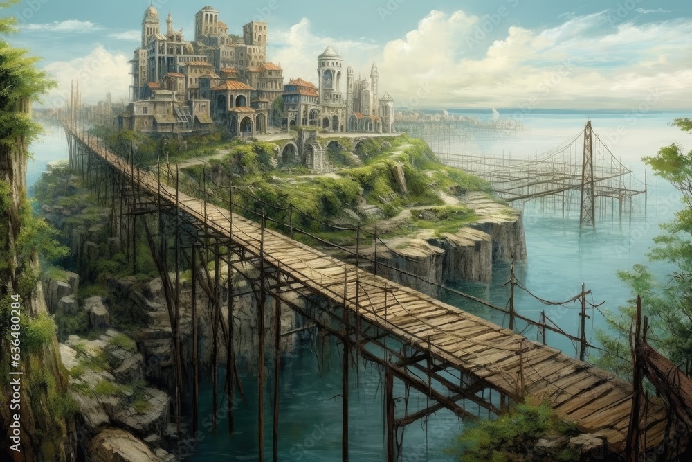 city with a sea view on an island timber bridge