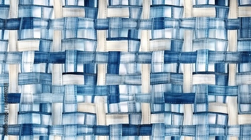 Abstract slub fabric texture with a chaotic checkered pattern. Farmhouse texture with a seamless blue pattern. photo