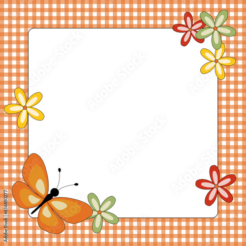 Quadratische Vektorgrafik mit Blüten, Schmetterling, orange-weiß kariertem Rand und freiem Platz für eigenes Design. Vorlage, für Grüße, Einladungen und Soziale Medien.