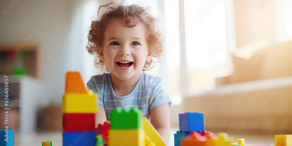 Happy European kid having fun playing with toy bricks constructor at home. Creative wallpaper, activity for children, happy emotion. Happy European kid having fun playing with toy bricks constructor at home. Creative wallpaper, activity for children, happy emotion.
