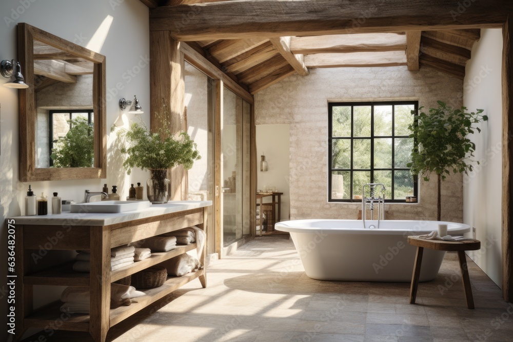 A contemporary farmhouse-inspired room with a wooden farmhouse table, wooden ceiling beams, and a sliding barn door leading to a modern ensuite bathroom. Generative AI A contemporary farmhouse-inspired room with a wooden farmhouse table, wooden ceiling beams, and a sliding barn door leading to a modern ensuite bathroom. Generative AI