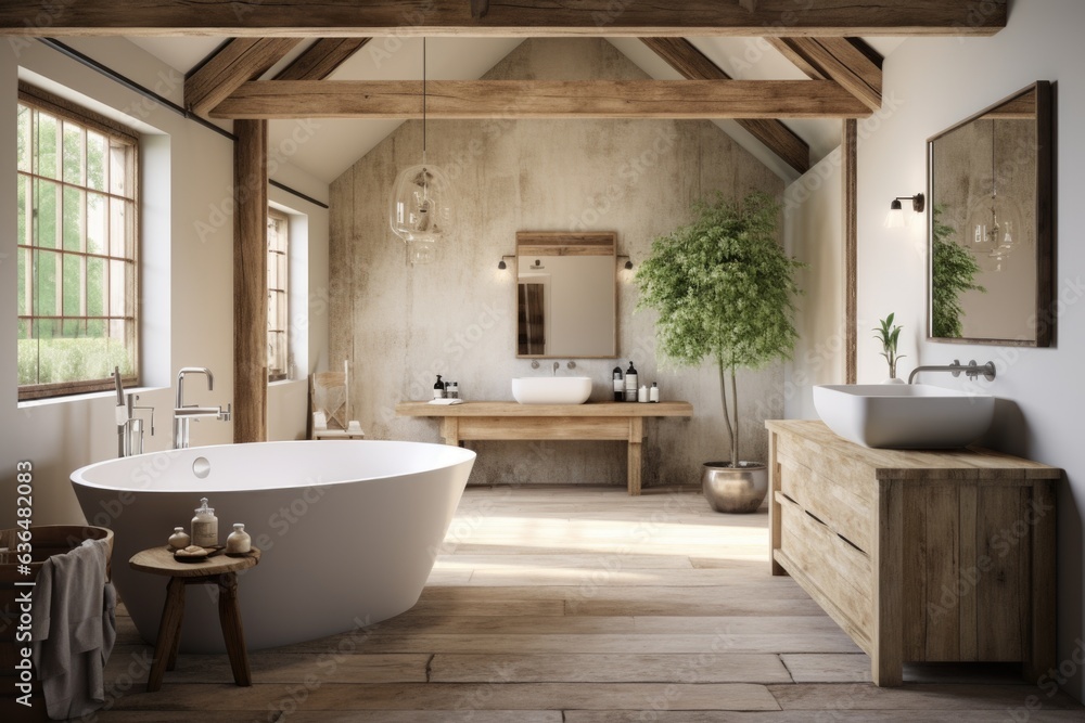 A contemporary farmhouse-inspired room with a wooden farmhouse table, wooden ceiling beams, and a sliding barn door leading to a modern ensuite bathroom. Generative AI A contemporary farmhouse-inspired room with a wooden farmhouse table, wooden ceiling beams, and a sliding barn door leading to a modern ensuite bathroom. Generative AI